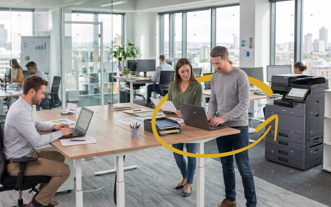 Moderne Büroarbeitsumgebung mit Mitarbeitenden, Laptop, Dokumenten und Multifunktionsdrucker.